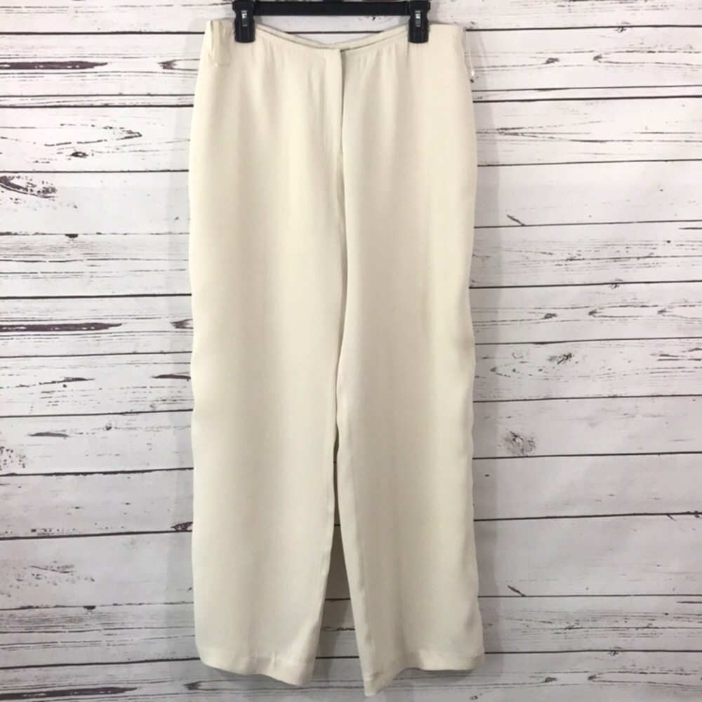 Eileen Fisher beige wide-leg pants.